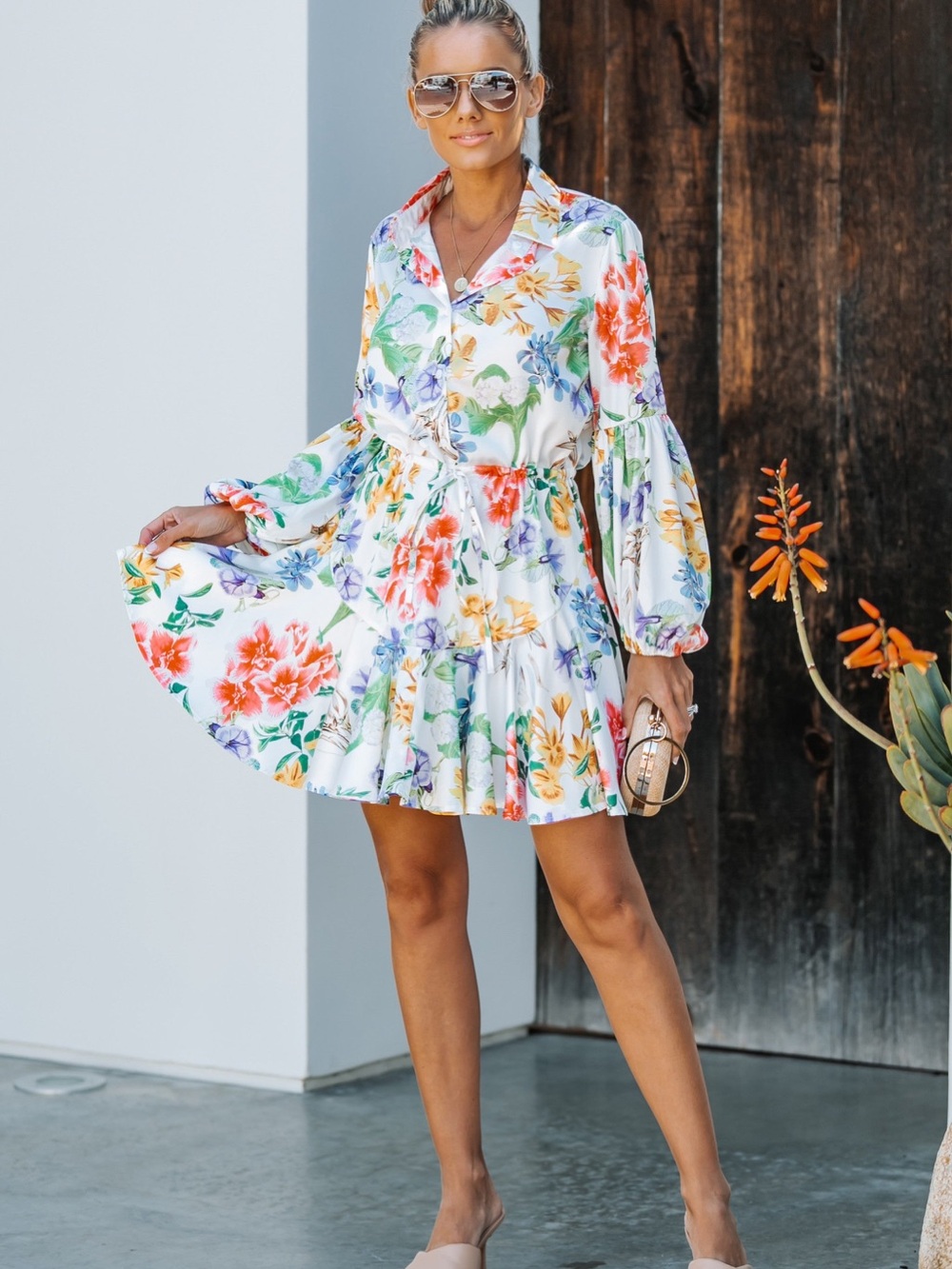 Lavender J Bright Multi Floral Shirt Dress Ruffle Hem - Size L